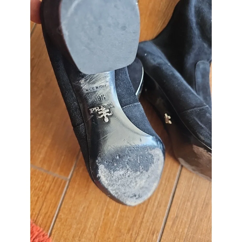 Women's Prada Black SUEDE‎ Leather Over-the-knee Block Heel Round Toe Boots TP01